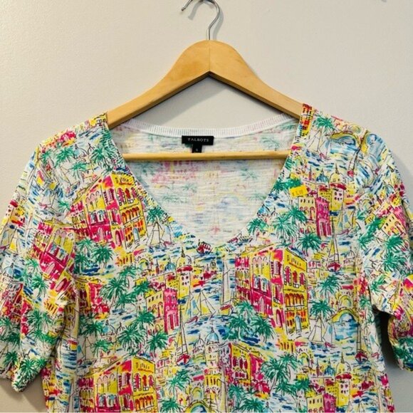 Talbots S Santorini Greece Print Cotton Sweater V-Neck Tie Hem Tropical Coquette - Picture 5 of 9